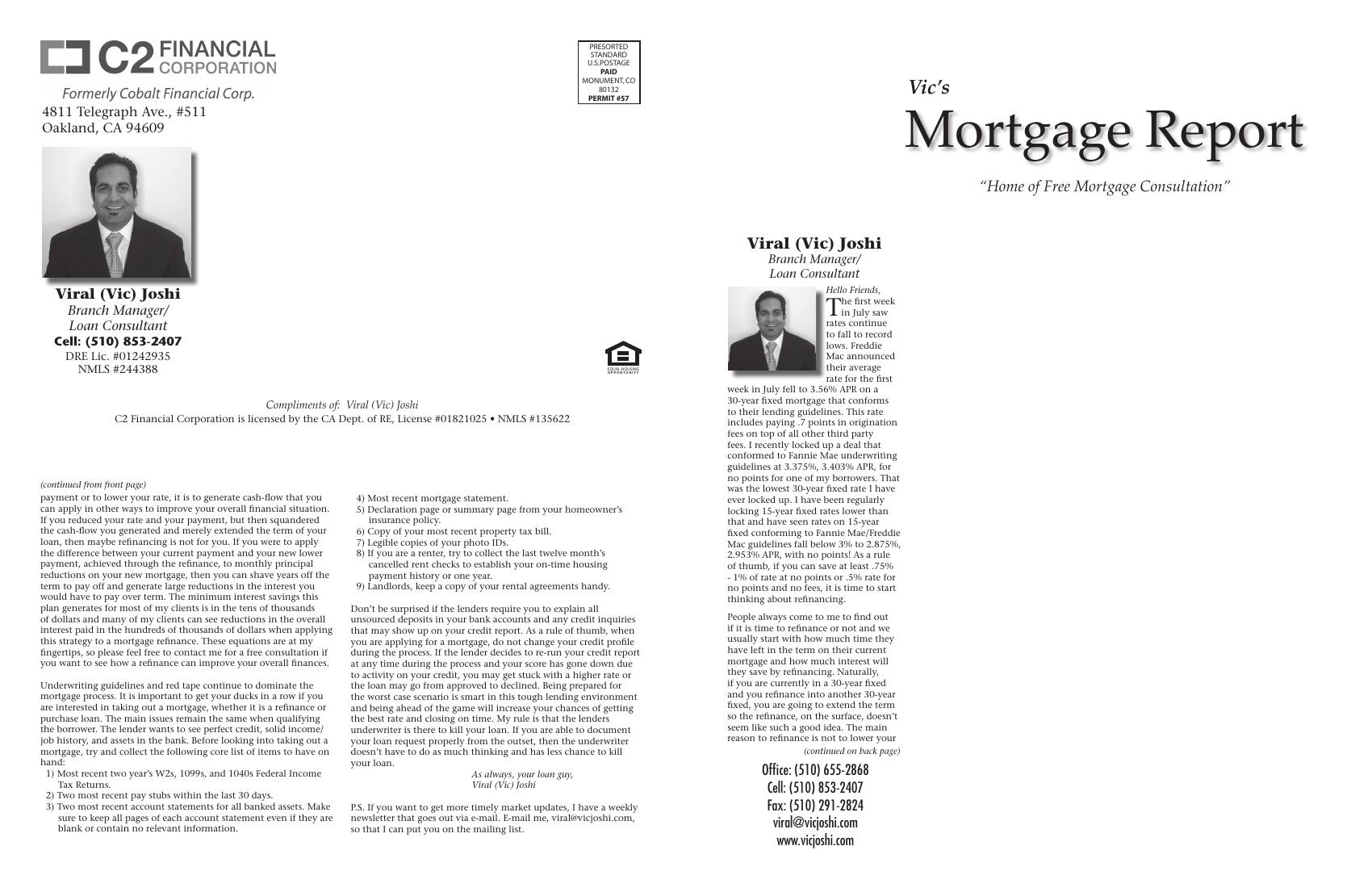 Vic's Mortgage Report, August 2012